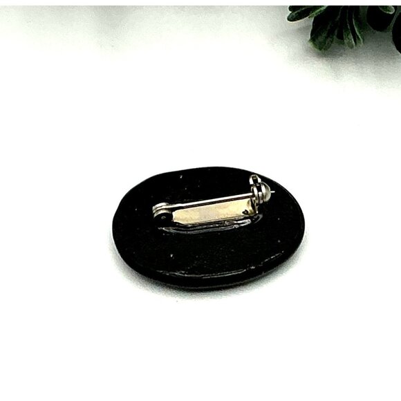 Handcrafted Dichroic Glass Oval Brooch Pin With Blue and Gold Accents - Picture 4 of 4